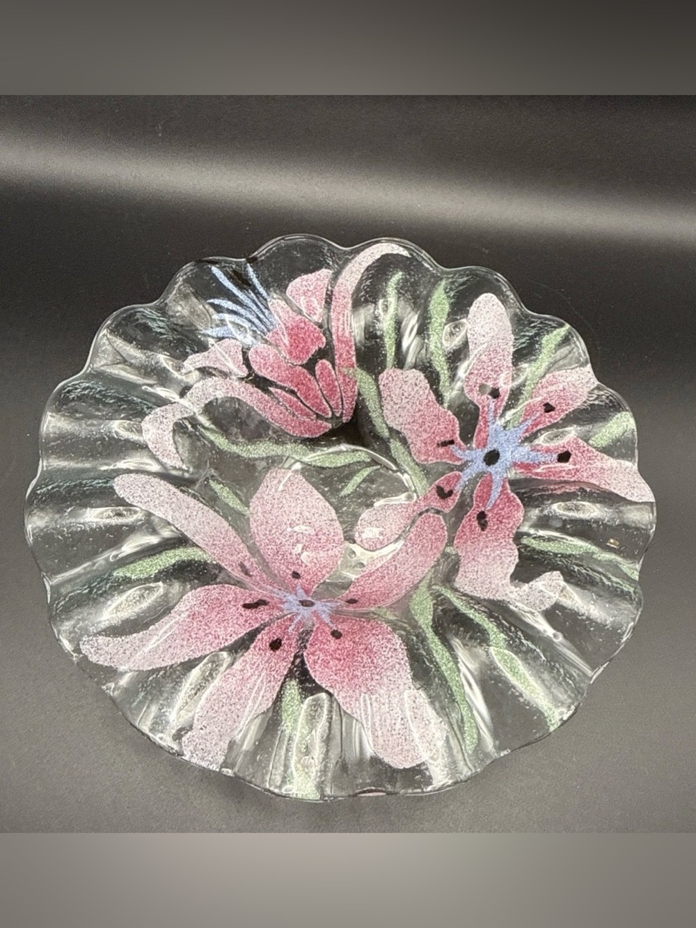 Sydenstricker Fused Glass Pink Lily Stargazer Flower Bowl 7” Summer Spring Vtg